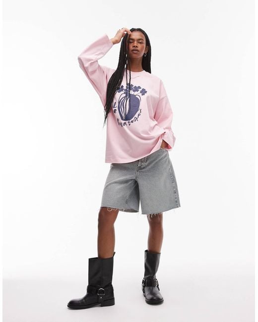 TOPSHOP Pink Graphic Le Printemps Long Sleeve Skater Top