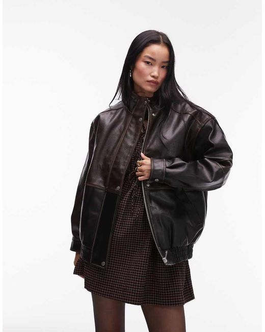 TOPSHOP Black Faux Leather Super Oversized Bomber Jacket