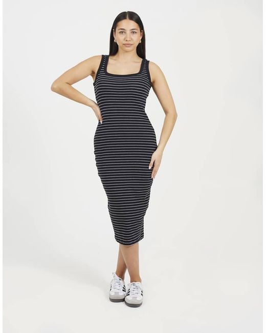 Brave Soul Blue Cotton Jersey Scoop Neck Stripe Bodycon Midi Dress