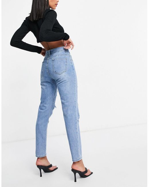 I Saw It First Denim Cut Out Knee Mom Jeans in Blue | Lyst UK