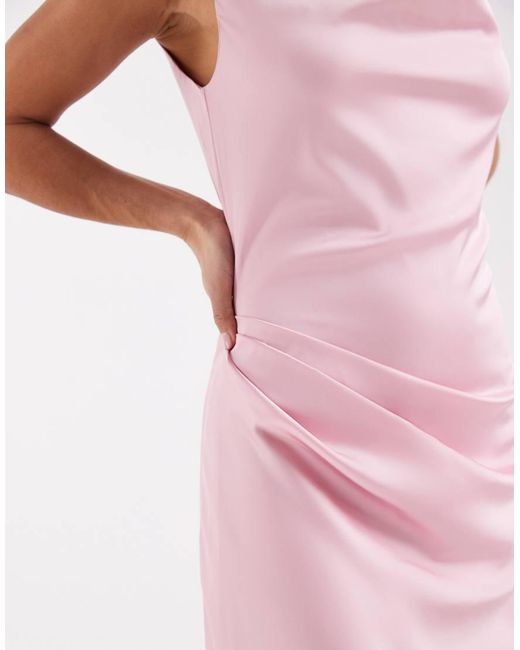 TFNC London Pink Bridesmaids Satin One Shoulder Maxi Dress