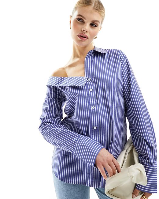 Stradivarius Gestreept Poplin Overhemd Met Blote Schouder in het Blue