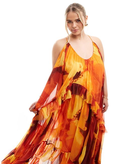 Asos design curve - robe trapèze longue à imprimé fleurs et volants - couleurs vives ASOS en coloris Orange