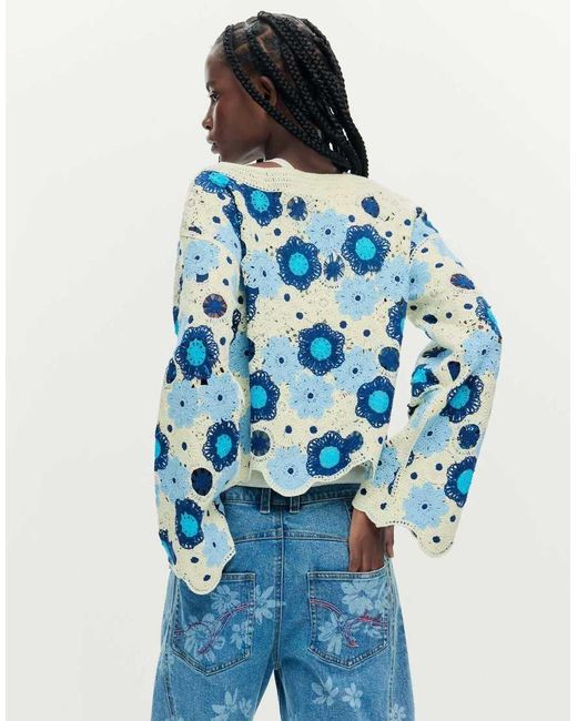 Desigual Blue Crochet Sweater With Flowers