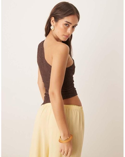 ASOS Brown Textured One Shoulder Top With Asymmetric Hem And Ruching Detail