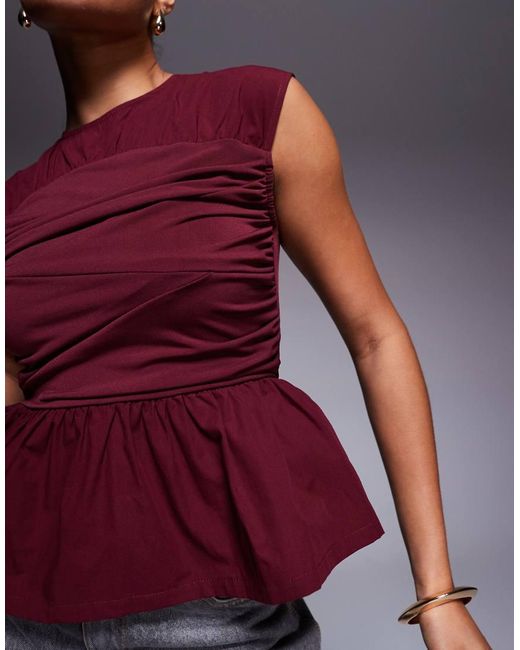 ASOS Red Woven Mix Bandage Top With Ruching Detail