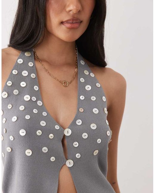 Mango Gray Button Embellished Halter Neck Knitted Vest Top Co-Ord