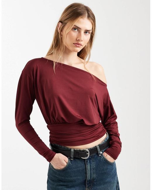 ASOS Red Slinky Off Shoulder Long Sleeve Top With Cinch Waist Detail