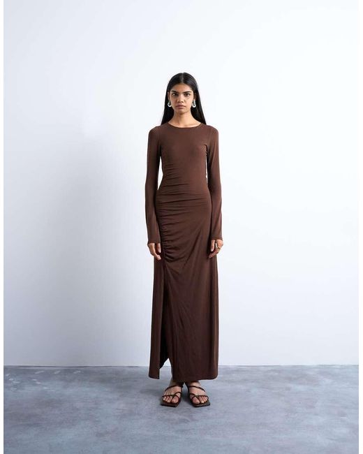 Vestido Largo Marrón Fruncido De Manga Larga De TOPSHOP de color Brown
