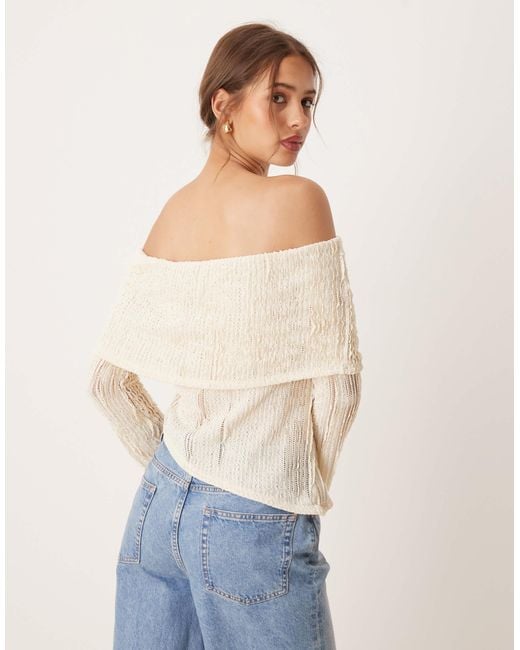 ASOS Natural Crochet Semi Sheer Bardot Top With Asymmetric Hem