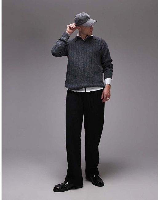 Topman Gray Relaxed Fit Rib Polo Jumper for men