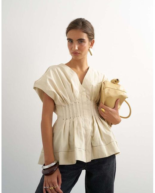 TOPSHOP Natural Structured Peplum Top With Pintucks