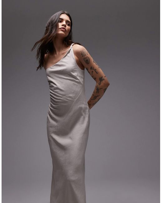 & Other Stories Gray One Shoulder Linen Midi Dress With Twisted Strap Detail