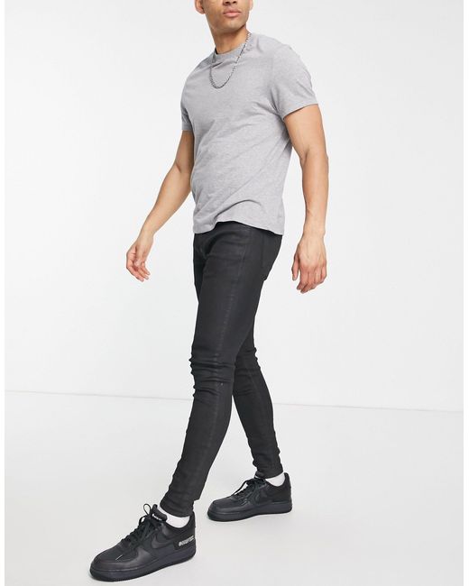 Topman Black Cotton Blend Spray On Coated Jeans for men