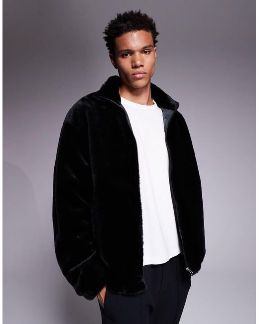 ADPT Black Faux Fur Zip Jacket for men