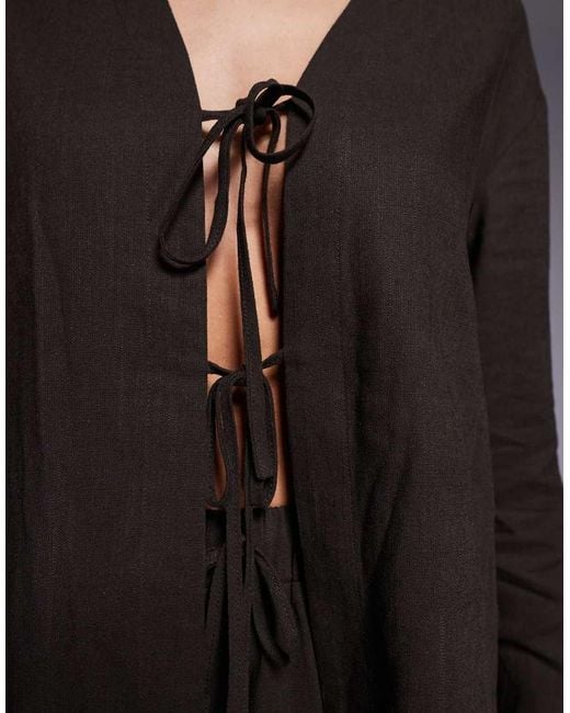 The Frolic Gray Exclusive Contains Linen Tie Front Long Sleeve Beach Top
