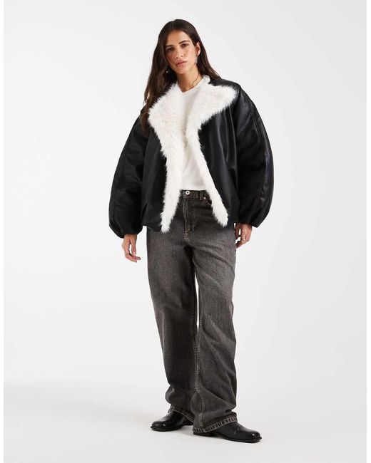 ASOS Black Leather Look Bomber Jacket With Cream Faux Fur Waterfall Colar