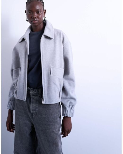 TOPSHOP Gray Clean Cropped Quilted Lined Bomber Jacket With Wool