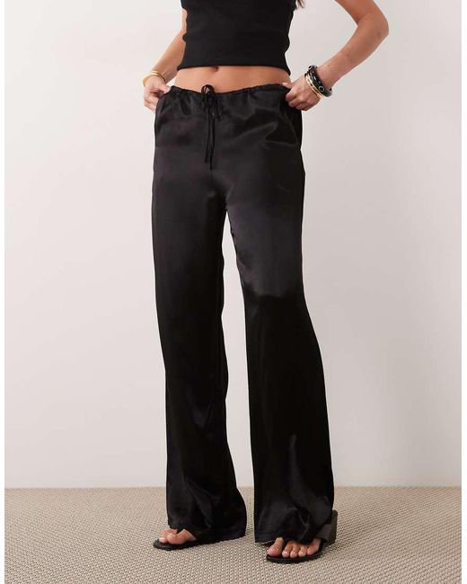 SNDY'S Black Satin Drawstring Wide Leg Trouser