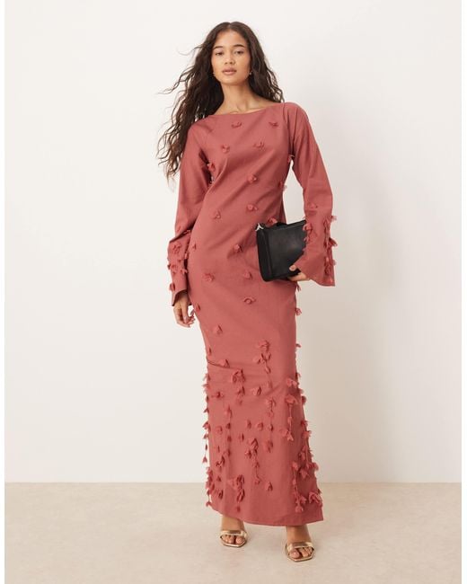 ASOS Red Fluted Sleeve Maxi Dress With Trailing Flowers