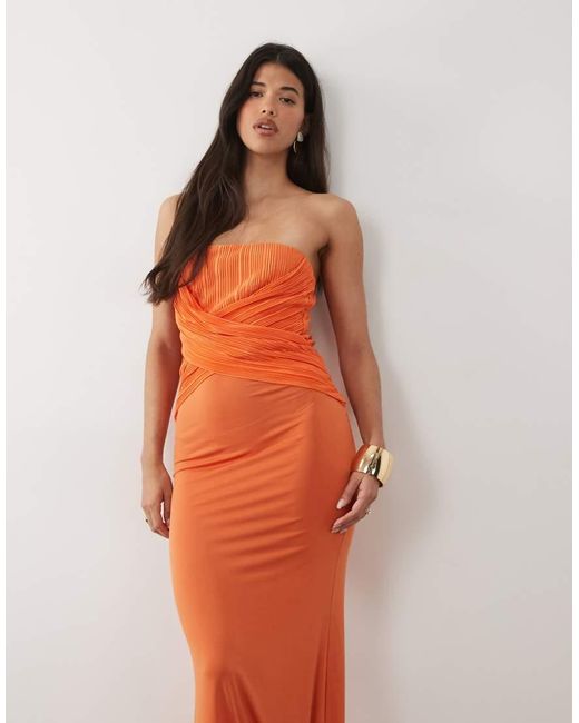 ASOS Orange Plisse Contrast Twisted Bandeau Maxi Dress