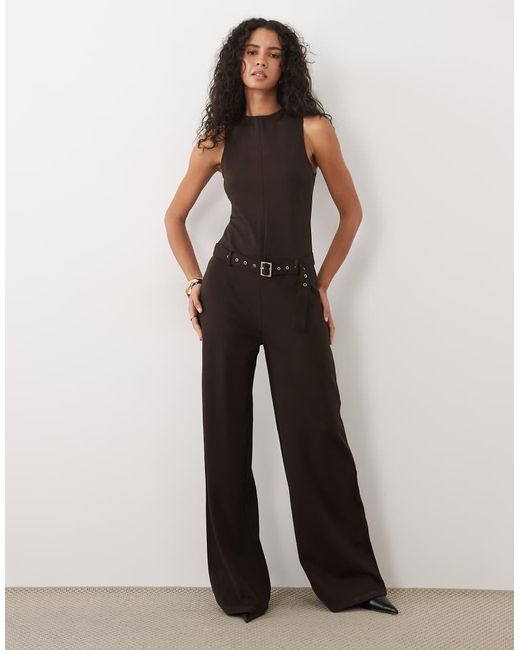 Mango Brown Sleeveless Belted Jumpsuit