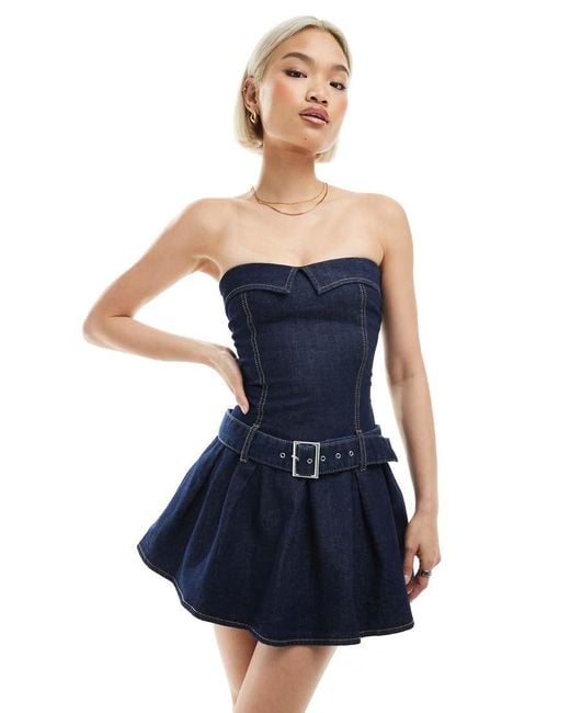 Bershka Blue Bandeau Belted Denim Mini Dress