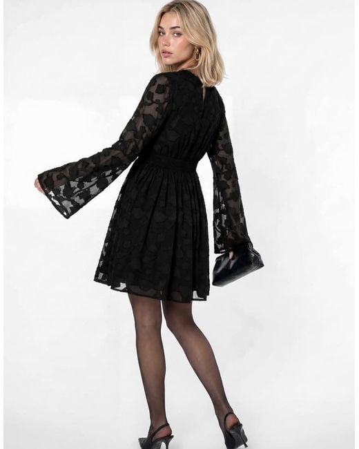 Lovedrobe Black Floral Burnout Lace Detail Long Sleeve Mini Dress