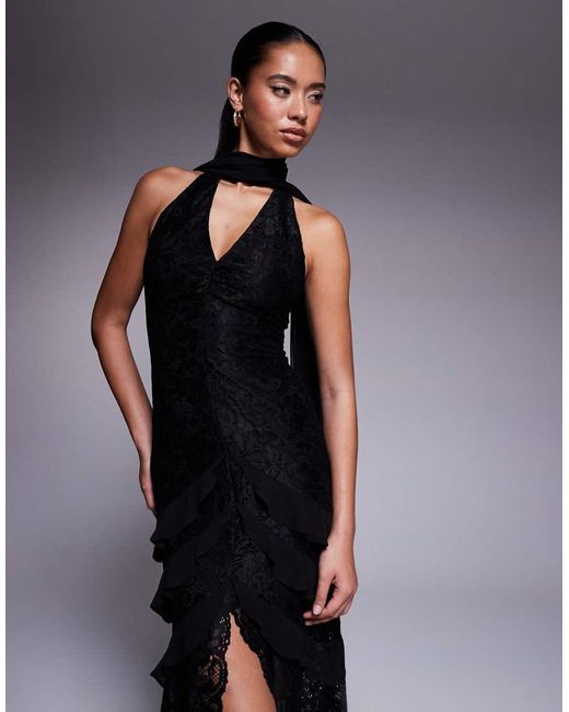 Forever New Blue Scarf Neck Ruffle Lace Maxi Dress