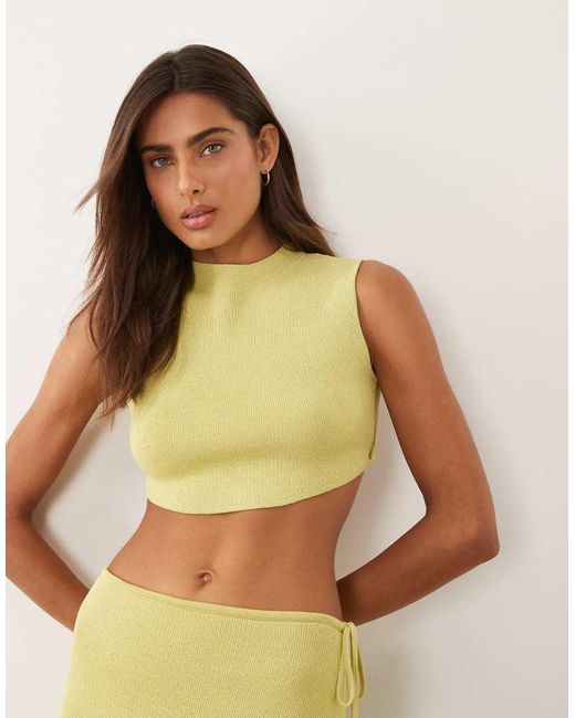 Wanderdoll Green Exclusive Sienna Fine Knit High Neck Open Button Back Detail Crop Top
