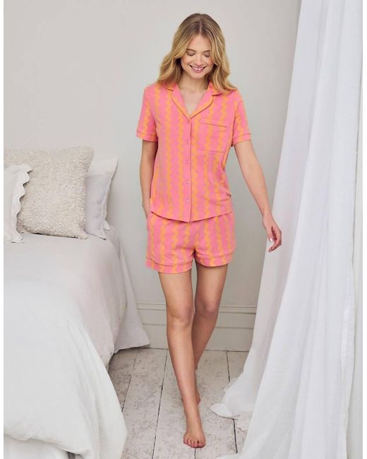 Chelsea Peers Pink Cotton Sunset Wavy Stripe Button Up Short Pyjama Set