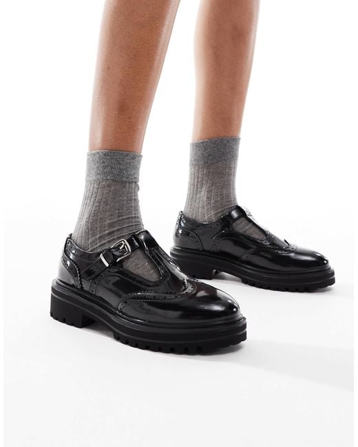 SEQWL Wide Fit Black Jeep Mary Jane Shoes With Broguing Detail