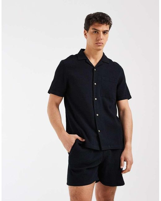ASOS Black Co-Ord Regular Fit Revere Waffle Shirt for men