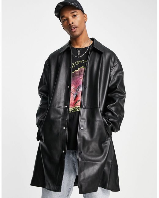 ASOS Faux Leather Longline Trench Coat in Black for Men | Lyst