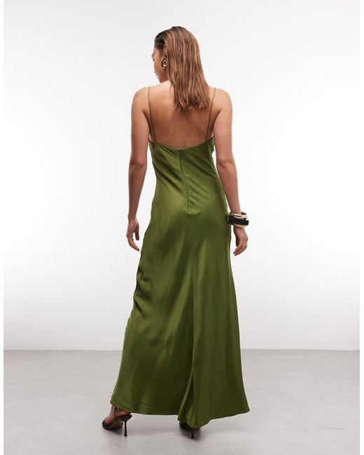 Mango Green Satin Deep V Strappy Maxi Dress
