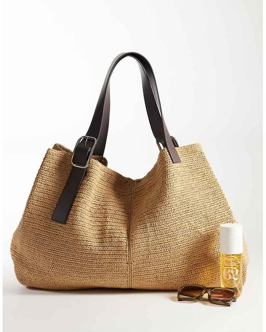 Mango Natural Buckle Detail Woven Tote Bag