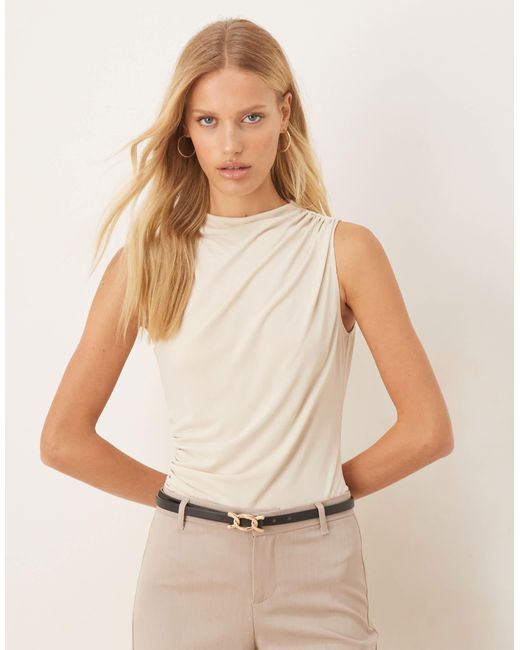 ASOS Natural Slinky High Neck Ruched Top