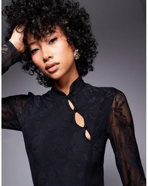 ASOS Blue Collar Detail Long Sleeve Sheer Lace Maxi Dress With Bodysuit