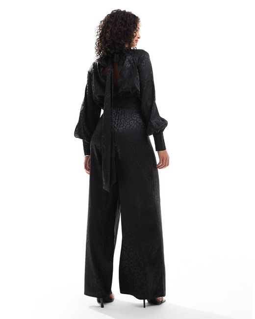 TFNC London Black High Neck Satin Jumpsuit With Long Sleeves