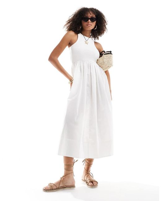 Y.A.S White Y.a.s Racer Neck Jersey And Cotton Hybrid Maxi Dress