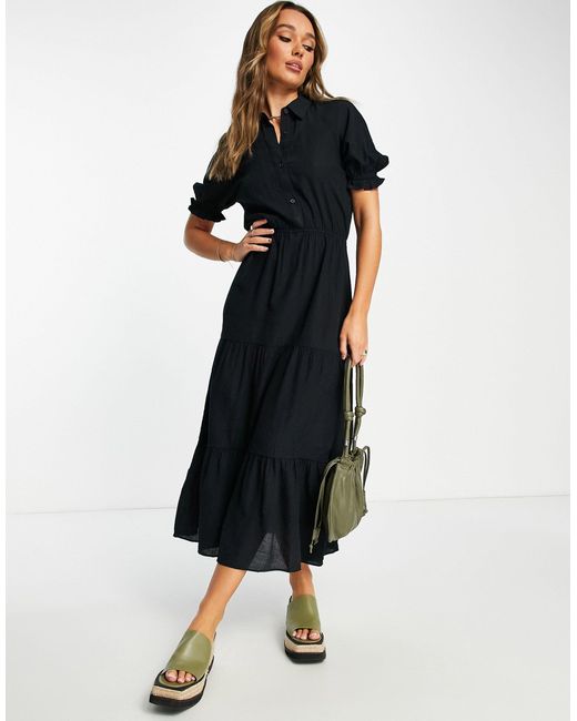 Lola May Puff Sleeve Tiered Midi Dress in Black | Lyst UK