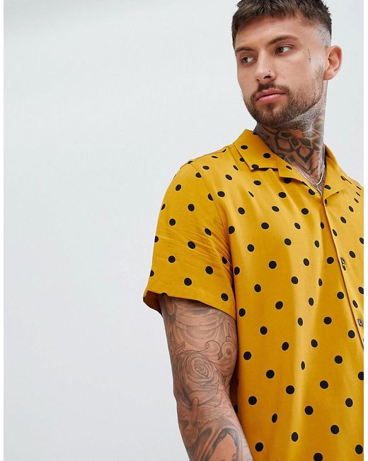 ASOS Yellow Oversized Polka Dot Shirt In Mustard for men