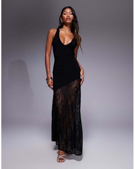 ASOS Black Lace Mix Slinked Plunge Neck Maxi Dress With Cross Back