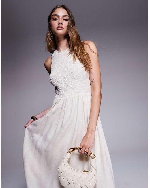 Vestido Midi Con Diseño Abullonado De Lino De -Blanco River Island de color Gray