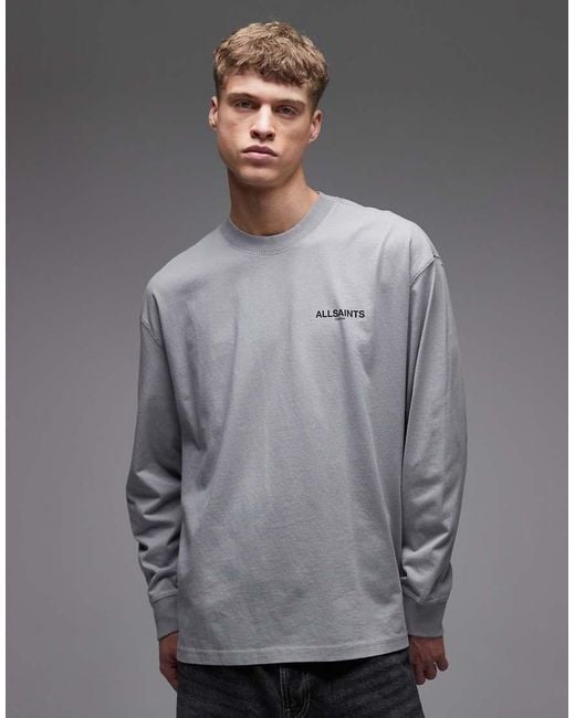 AllSaints Gray Hallis Long Sleeve Graphic Logo T-shirt With Back Print for men