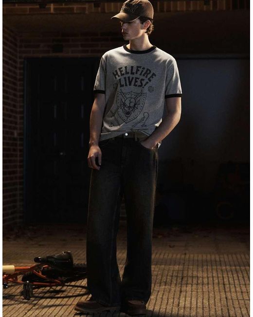 Pull&Bear Gray Hellfire Lives Stranger Things T-Shirt for men