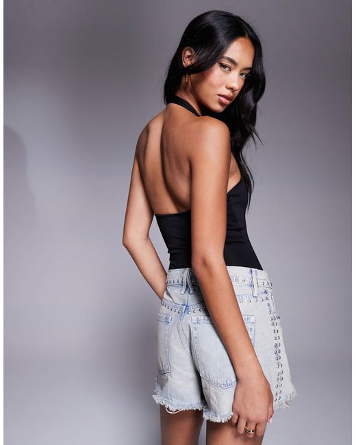 GOOD AMERICAN Blue Scuba Halter V Neck Bodysuit