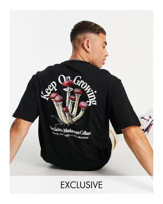 Only & Sons Black Oversized T-shirt With Mushroom Back Print for men
