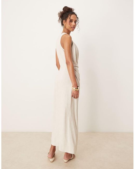 ASOS Natural Linen Mix Twist Shoulder Detail Midi Dress With Ruching