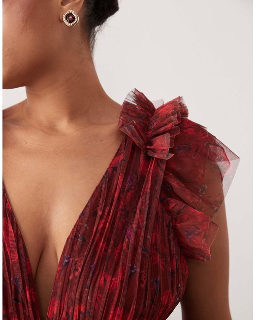 Lace & Beads Plus Women's Red Tulle Flutter Sleeve Plunge Neck Tie Maxi  Dress